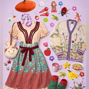 Mina UK Whimsy Twee 1990s Vintage Floral Patterned Dress with Burgundy Accents